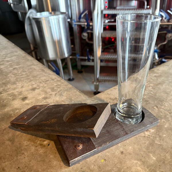 Custom crafted barrel stave glass holder.